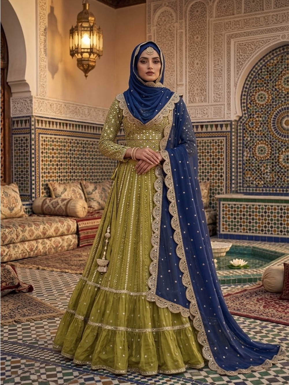 Embellished Olive Green kurti and lehnga Dress with Navy Dupatta